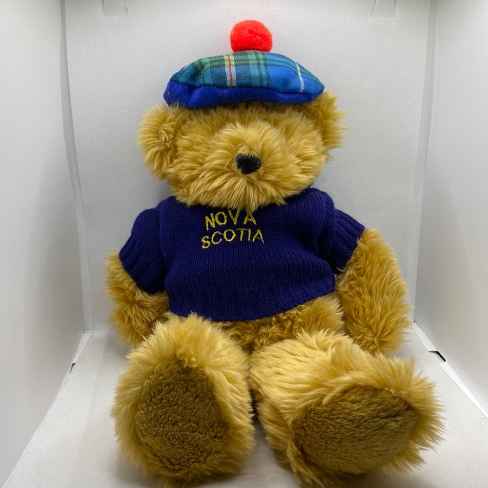 Nova Scotia Plush Stuffed Teddy Bear Wearing Knit Sweater Scottish Tam Souvenir
